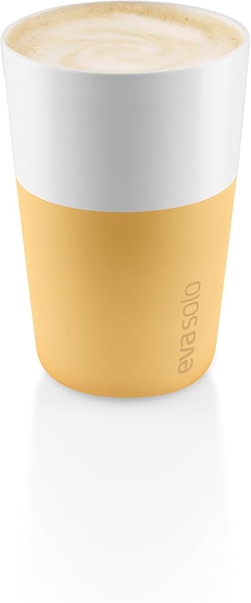 Eva Solo | 2 Cafe Latte Tumbler Mugs | 12 oz Porcelain Coffee Cup Tumblers with Silicone-coated Grip | Dishwasher Safe | Danish Design, Functionality & Quality | Golden Sand