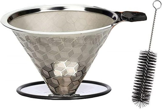 Pour Over Coffee Dripper Stainless Steel Coffee Filter Cone Paperless Reusable Single Cup Coffee Maker 1-2 Cup with Non-Slip Cup Stand and Cleaning Brush