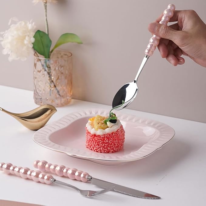 2Pcs Pearl Flatware Set, Creative Stainless Steel Flatware Pearl Ceramic Handle Silverware Tableware for Kitchen Hotel Home Steak Knife Dessert Spoon Dishwasher