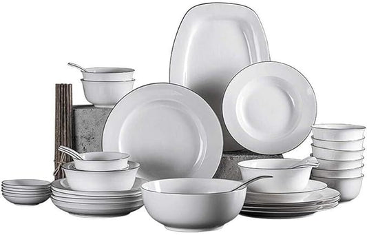 Tabletop Dinner SetsPottery Tableware,35 Piece Black Border Ceramics Dinnerware Set Plates Bowls Combination for Family Party and Kitchen Restaurant