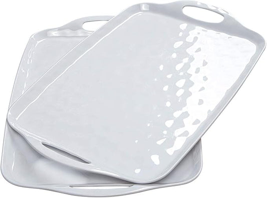 TP Serving Trays with Handles, 17 x 12 Inch Melamine Serving Platters for Food, Meat, Set of 2 Rectangular Trays for Eating, Pure White