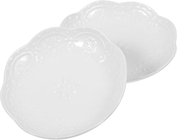 OUNONA 2sets Embossed Ceramic Sauce Dishes Appetizer Plates for Dipping for Soy Sauce Seasonings and Snacks Dishwasher Microwave Safe Elegant Design 2pcs*2