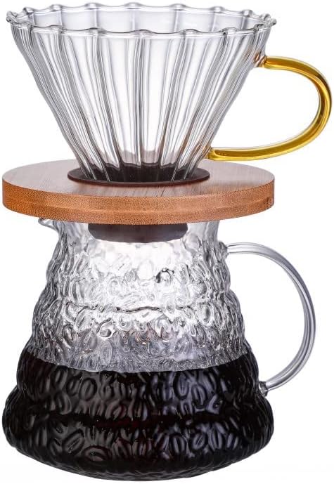 Transparent Glass Coffee Dripper Coffee Filter Holder Coffee Filter Cone with Wooden Pad Coffee Funnel,Coffee Filter Holder with Handle