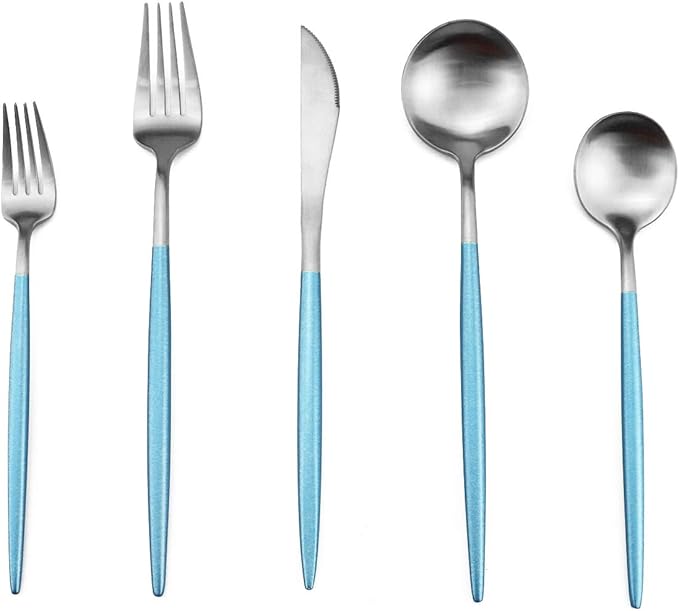 Gugrida Luxury Flatware, Royal 20 Piece Matte Blue Handle 18/10 Stainless Steel Tableware Sets for 4 Including Forks Spoons Knives, Camping Silverware Travel Utensils Set Cutlery (Blue Silver)
