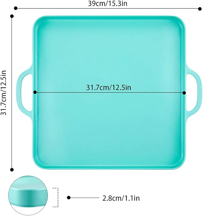 i BKGOO Foodservice Lake Blue Plastic Tray with Handle Set of 2 Large Melamine Cube Serving Platters for Parties, Table, Kitchen Size(12.5"x12.5"x1")