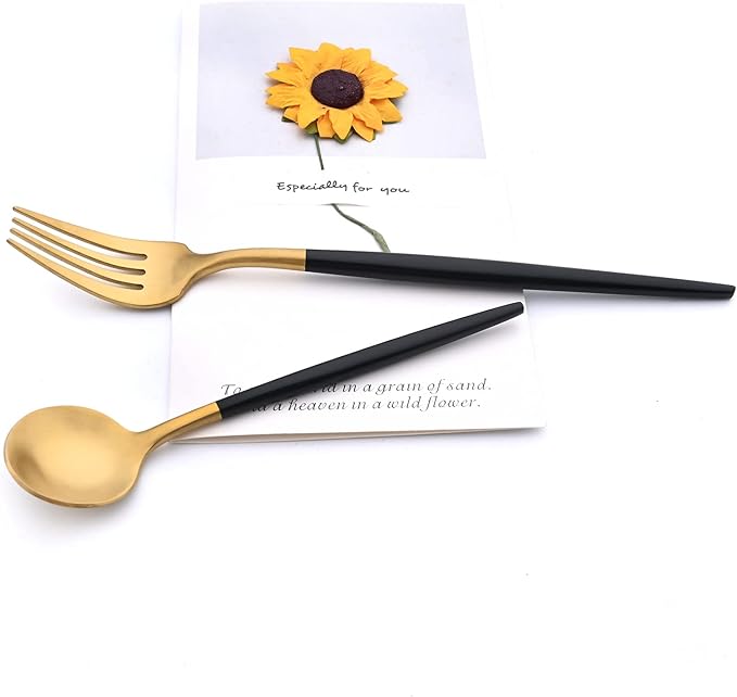 24-piece Snplowum Matte Gold Tableware, 18/10 Stainless Steel Utensils Heavy Serving Set With Black Handle For Dinner & Dessert Home Restaurant Flatware Set, Service For 4 (Black Gold)