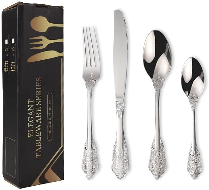 Stainless Steel Flatware serving set,Home Kitchen Eating Tableware Set,Dishwasher Safe,For Home Kitchen Restaurant Hote 4/16/24/32/40/48pcs 304 Embossed Palace Stainless Steel Cutlery Set Thickened St