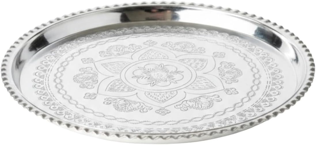 Copper Serving Tray Silver Plated Engraved Design 18 Inch Round Decorative Ottoman Tea Tray for Coffee Table - Silver, One Size