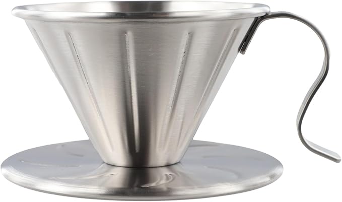 304 Stainless Steel Coffee Dripper with Holder and Ergonomic Handle, Reusable Pour Over Filter Cup Compatible with Various Paper Filters for Home Brewing or Camping(S)