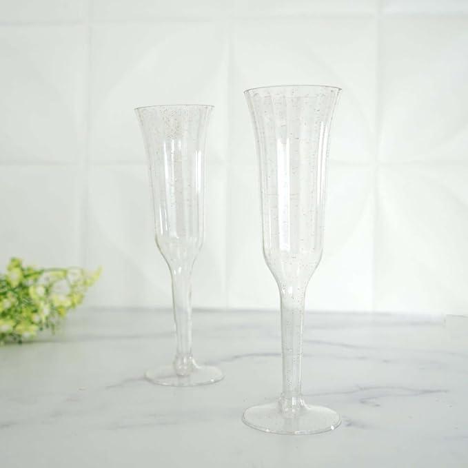 TCF Linen 12 Pack Clear with Gold Glitter Plastic Champagne Flutes, 6oz Flared Disposable Glasses Elegant Reusable Look Shatterproof Stemware for Weddings Parties Catering Toasts
