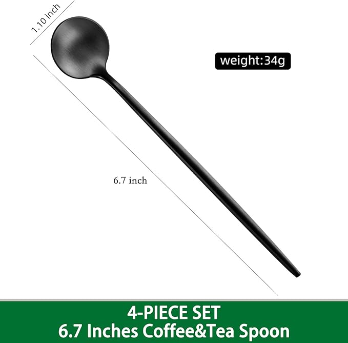 4 PCS 6.7 Inches Satin Black Stainless Steel 18/10 Coffee Spoons,Iced Tea Spoon,Espresso Stirring Spoons,Matte Black SS304 Teaspoons,Dessert Spoon,Long Coffee Spoons accessories