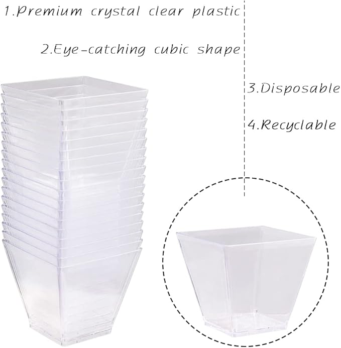 50 Pack 3.5 Oz Square Dessert Cups,Plastic Clear Dessert Cups,Disposable Tasting Cups Great for Desserts,Appetizers,Mousse