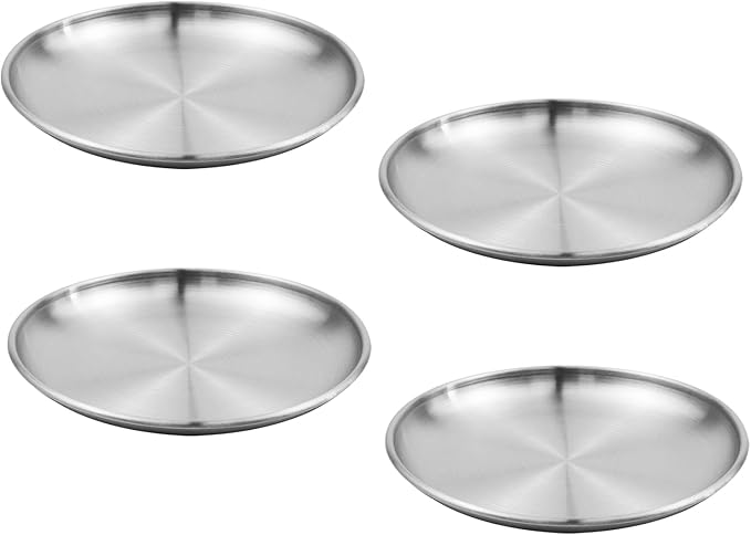 Antrader 4PCS Silver Serving Tray,5.5inch Stainless Steel Decorative Tray, Round Tray,Small Storage Tray for Jewelry, Makeup, Candle, Toiletry, Kitchen