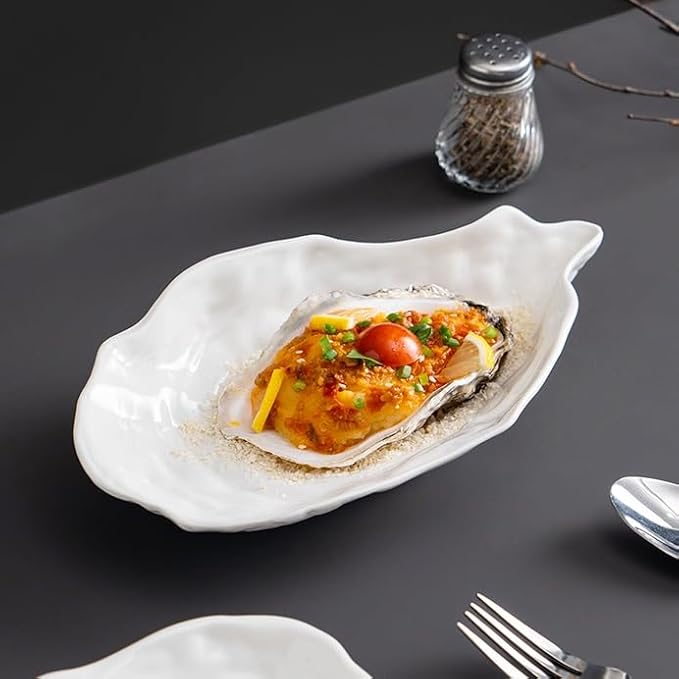 Kitchen Plates 7.5-inch Creative White Oyster Shell Ceramic Plate Household Appetizer Tableware Simple Western Restaurant Dish Commercial Restaurant Plates(9.5 in)