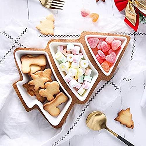 10.8 Inches Snack Appetizer Trays Set, Christmas Tree Dessert Serving Dishes, Snack Platter, 3 pcs Removable White Porcelain Plates with Bamboo Tree Tray