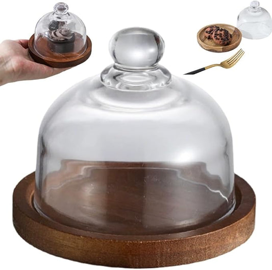 Charcuterie Snow Globes, Glass Cake Stand with Dome, Wood Cake Stands with Lid, Mini Clear Glass Display Candy Domes, Snow Globe Container for Cheese Snacks and Holiday Table Decor(Retro*1)
