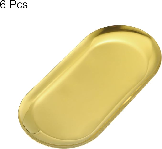 uxcell 6pcs Stainless Steel Decorative Trays, Bathroom Trays, Makeup Cosmetic Trays, Small Serving Trays for Candles Dessert Tray(Gold, 7 x 3.3 Inch)