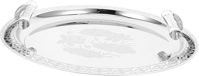 European Style Round Serving Tray Elegant Snack Plate for Fruits Desserts and Treats Multi-Functional Dish for Home and Events Silver Pattern Design