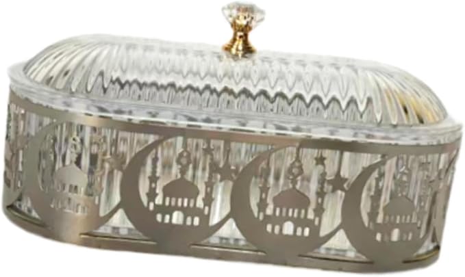 Eid Mubarak Snack Tray with Lid Ramadan Serving Trays Iron Candy Dish with Lid Desktop Storage Box Islam Eid Dinner Plate for Ramadan Mubarak Party Supplies - Silver