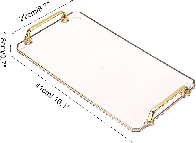 PATIKIL 16.1 x 8.7 Inches Plastic Serving Tray with Golden Handles, Reusable Tray Rectangular Party Platters for Dessert Coffee Tea Table, Living Room Kitchen Countertop, Amber