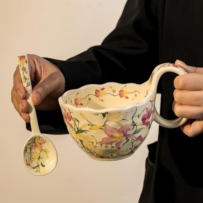 16.91oz/500ml Handpainted Soup Bowl with Handle,Ceramic Cereal Bowl Microwave &Dishwasher Safe,Loop Handle Bowl Great for Soup,Yogurt,Snack,Chip,Stew,Ice Cream,Coffee (Lily)