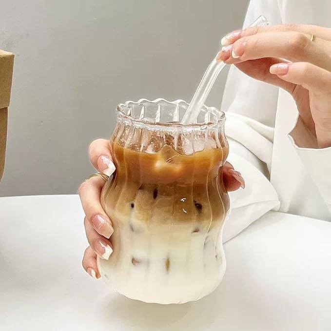Mixed Drinkware Sets Glass Cups Set of 2 with Glass Straw, 18 Oz Drinking Glassware, Wave Shape Design, Bubble Cups for Iced Coffee, Juice, Beverage, Milk, Cocktails, Tea, Gift for Women Men