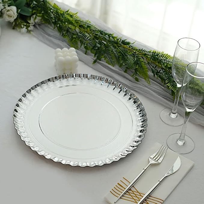 10 Silver 13 in Round Paper Serving Trays with Scalloped Rim Design - Disposable Wedding Party Tableware Supplies