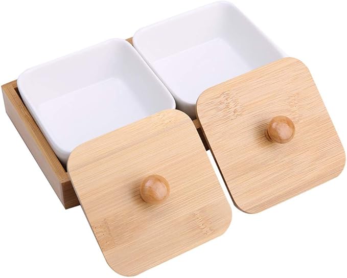 Ceramic Appetizer Serving Plate with Tray Cover, Snack Serving Plate for Fruits Nuts Desserts, BPA - Free White Ceramic Square Bowl with Separate Compartments, Modern Design (Two compartments with
