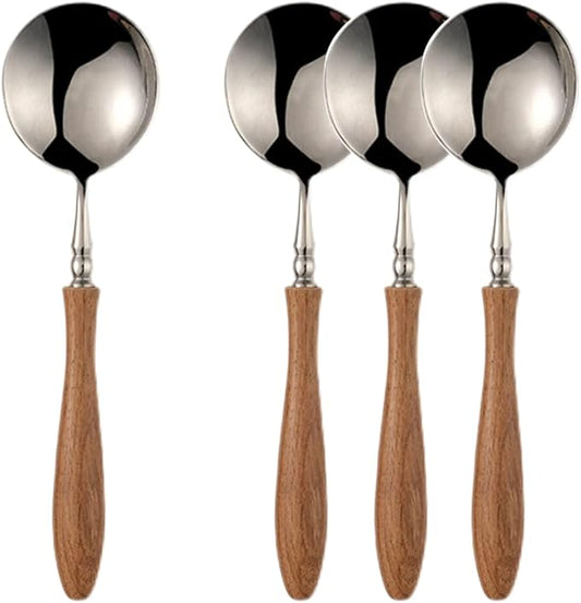Soup Spoons, 4 pieces 18/8 Stainless Steel Round Spoon with Wood Handle, Flatware Silverware Eating Utensils for Home Kitchen and Restaurant, Mirror Polish, 7.28-Inch