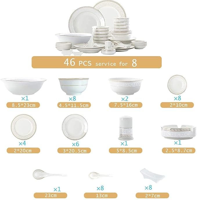 White Round Porcelain Dinnerware Set, Dishes/Plate/Bowl Set, Fine Bone China Dinnerware Sets Clearance, Collection Ceramic Kitchen and Dining Sets for Home,B56 Pcs Servic-46 Pcs Service for 8