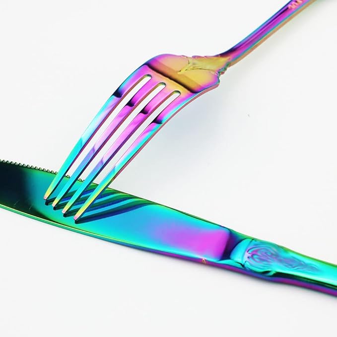 JASHII 24-Piece Multicolour Palace Cutlery Set Silverware Set, Mirror Polished, Stainless Steel Flatware Cutlery Eating Utensils Service for 6, Unique Elegant Pattern, Dishwasher Safe (Rainbow)