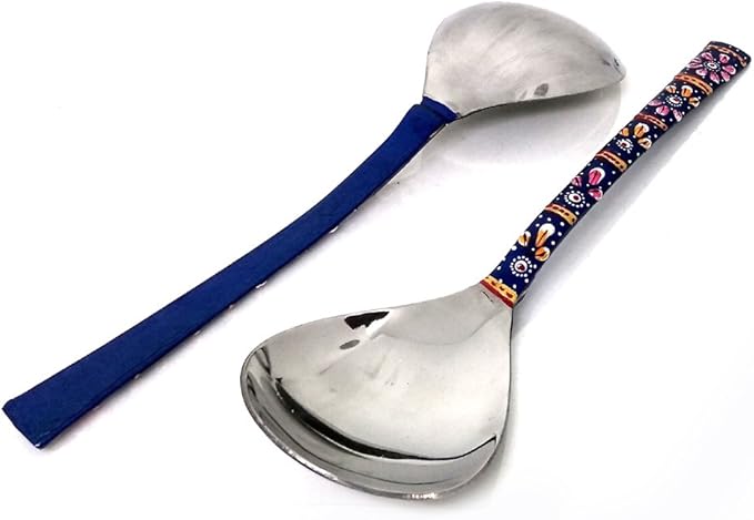 Rastogi Handicrafts Copper Bamboo Hand Painted Meena Work Dinnerware flatware serving spoon utensils Set Of Two (Blue)