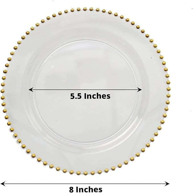 8" Salad Plates - Set of 20 - Plastic Clear Gold Round Disposable Dessert Appetizer Plate Beaded Rim, Ideal for Dinner Party Wedding Bulk Events