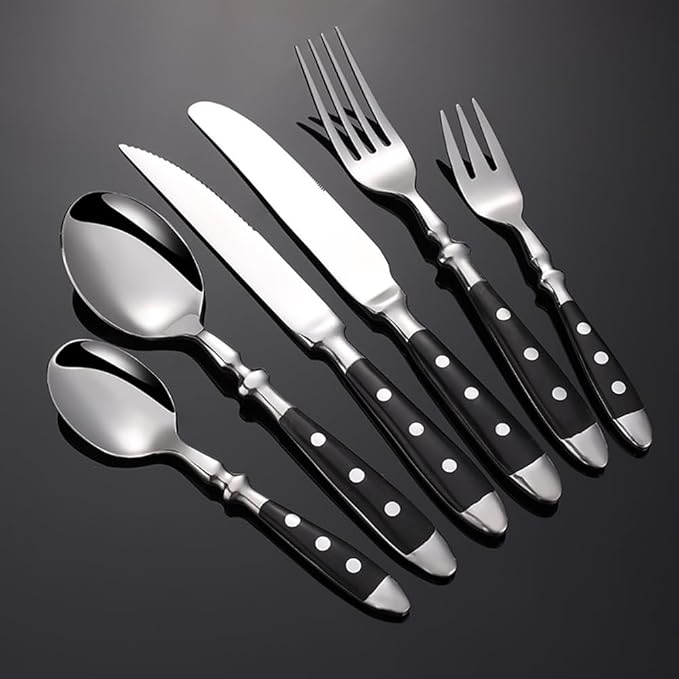 Rivet Handles Black Silverware Set Flatware Set for 14 Utensil Sets Forks Spoons And Knives Set Ergonomic Durable Polished Thanksgiving Christmas Essentials Family Gatherings Brand Packaging 84PCS