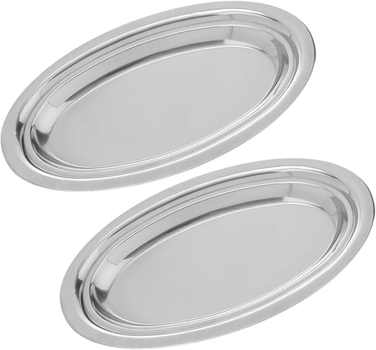 ERINGOGO 2pcs Stainless Steel Oval Pan Serving Trays Serving Platter Dinnerware Platters Steel Platter Dishes Large Party Household Snack Dinner Plates Oval Fries Plate Silver