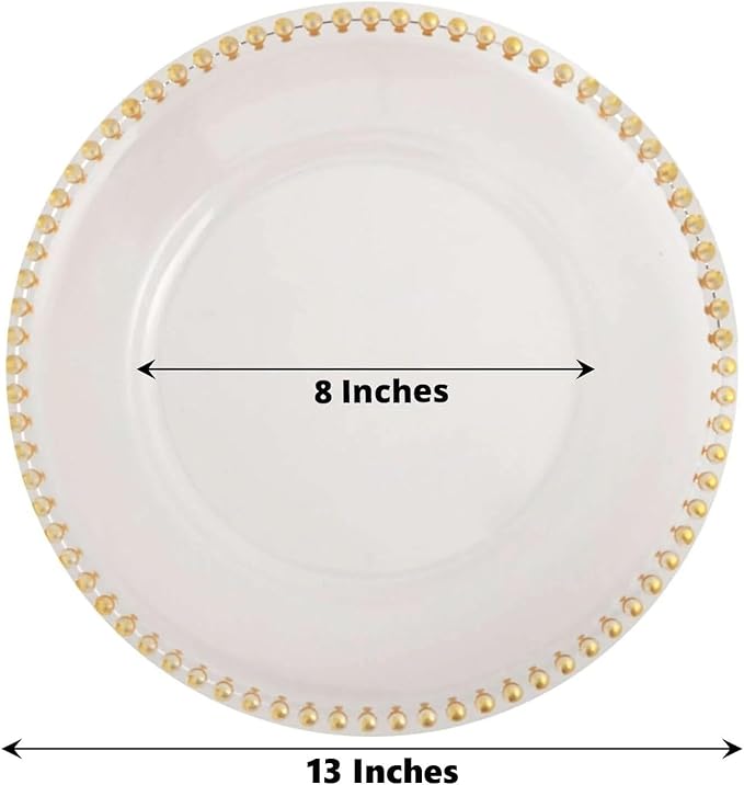 13" Charger Plates - Set of 12 - Gold Round Acrylic Disposable Chargers with Beaded Rim, Ideal for Dinner Party Wedding Bulk Events