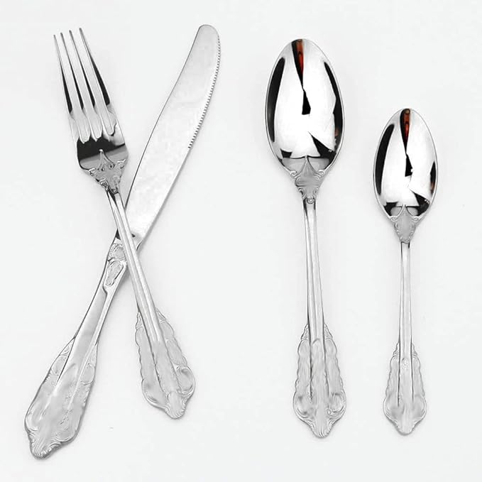 JASHII Silverware Set 24 Piece Family Dinnerware Set Flatware Set for 6, Silver Tableware Set Great for Family Gatherings & Daily Use-Spoons, Knives, Teaspoons, Forks (Silver）