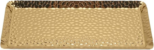 Decorative Tray Stainless Steel Serving Trays Hammered Rectangular 9.8 x 4.3 Inch Dessert Plates Reusable Fruit Stand for Living Room Kitchen Gold