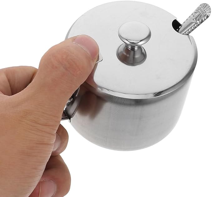 BESTonZON Stainless Steel Sugar Bowl with Lid and Spoon 3.5 Inch Multipurpose Salt Pepper Spice Container for Kitchen Countertop Condiment Storage