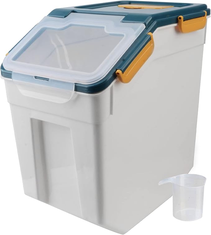 AnRui Dog Food Storage Container with Scoop, Large Airtight Plastic Pet Dog Cat Dry Food Bin, Cereal Grain Organizer Box for Rice, Flour, Snack, Baking Supplies, Kitchen Pantry, Blue