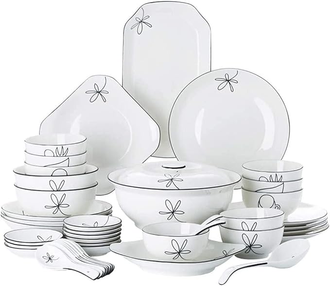Dinnerware Set Dinner Party Tableware Service Set 60-Pieces Porcelain White Dinnerware Sets - Dinner Plates and Bowls Sets, Ceramic Dishes Set Service for 8/10/12, Creative Dinner Plates(56Pcs)