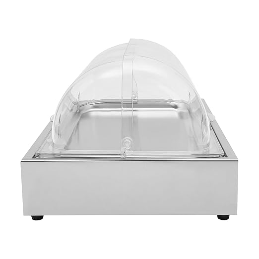 Cold Food Buffet Server, 6L Stainless Steel Ice Food Serving Display Tray with Clear Roll Top PC Cover and Ice Box, Countertop Chilled Serving Tray Platter for Fruit Party Buffet Silver