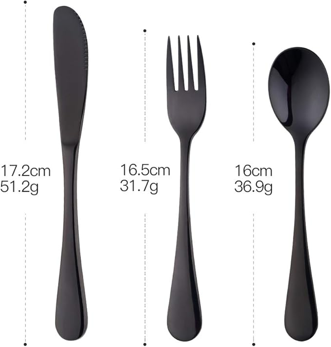 Flatware Silverware sets, 6pcs 18/8 Stainless Steel Cutlery Serving for 2, BPA-free Children Self-feeding Safe Kitchen Utensils, Mirror Polished (Black)