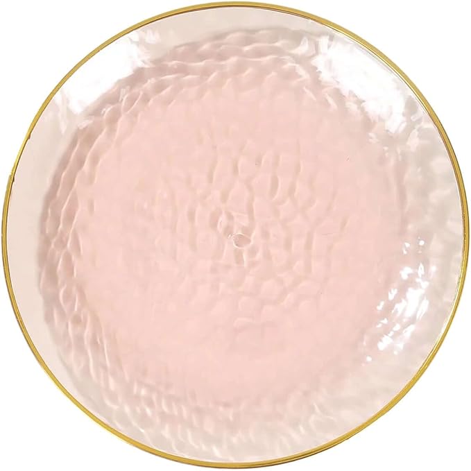 Efavormart 10 Pack | Transparent Blush Hammered 7" Round Plastic Dessert Appetizer Plates With Gold Rim, Disposable Salad Party Plate