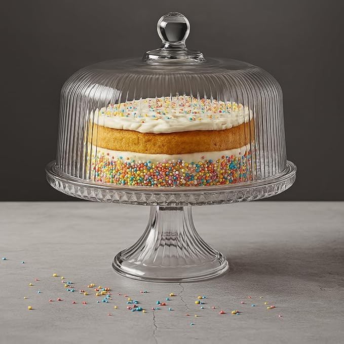 Vintage-Style Glass Cake Stand with Dome Lid – Crystal Dessert Display Stand for Cakes, Cupcakes, Pastries & Fruits – Elegant Glass Cake Holder with Cover, Timeless Table Décor