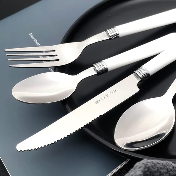White Silverware Set for 6 Durable Stainless Steel Flatware Set 24 Piece Cutlery Tableware Utensils White Handle (ABS) Set Include Teaspoons Knives Forks and Spoons for Home Kitchen Christmas