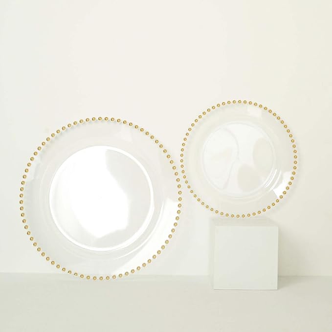 8" Salad Plates - Set of 20 - Plastic Clear Gold Round Disposable Dessert Appetizer Plate Beaded Rim, Ideal for Dinner Party Wedding Bulk Events