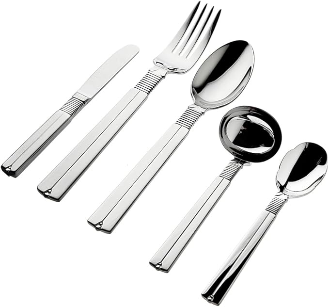 Ricci Argentieri Artisan Flatware Set, 18/10 Stainless Steel Flatware with Serving Spoon, Gravy Ladle, Serving Fork, Butter Knife and Serving Spoon, 5 Piece Set