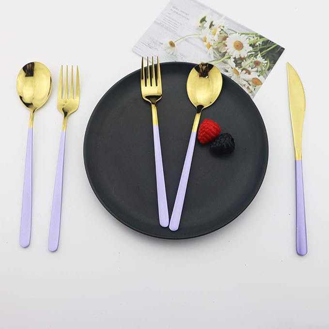 JASHII SUS304 Stainless Steel Flatware Cutlery Set For Home Kitchen Restaurant Hotel, Mirror Polished, 20-Piece Silverware Set for 4, Dishwasher Safe(Purple gold)