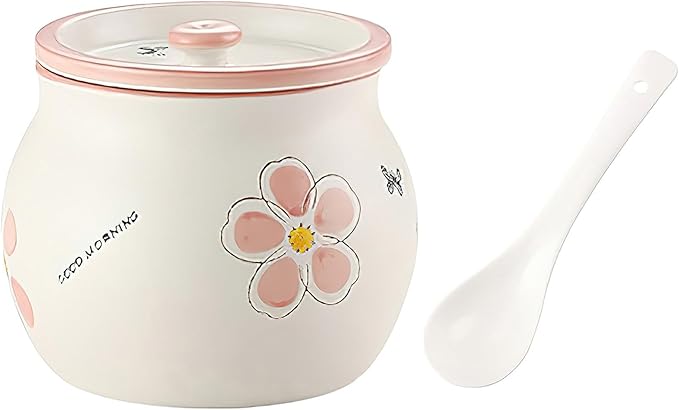 Ceramic Salt and Sugar Bowl, Porcelain Condiment Jars with Lid and Spoon, Seasoning Spice Pot Bowl, Salt Sugar Pepper Storage Jar, 600ml, Pink Flower